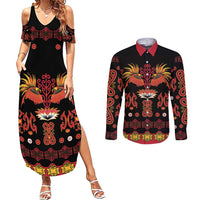 Papua Batik Motif Couples Matching Summer Maxi Dress and Long Sleeve Button Shirt Papua Spirit Black Version - Polynesian Pride