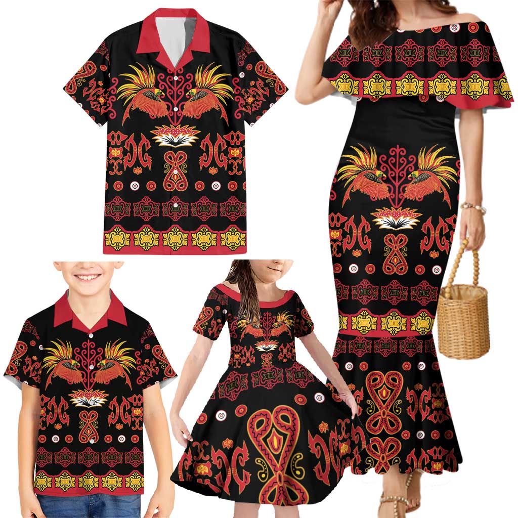 Papua Batik Motif Family Matching Mermaid Dress and Hawaiian Shirt Papua Spirit Black Version - Polynesian Pride