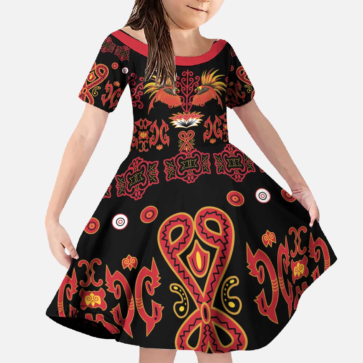 Papua Batik Motif Family Matching Off The Shoulder Long Sleeve Dress and Hawaiian Shirt Papua Spirit Black Version - Polynesian Pride