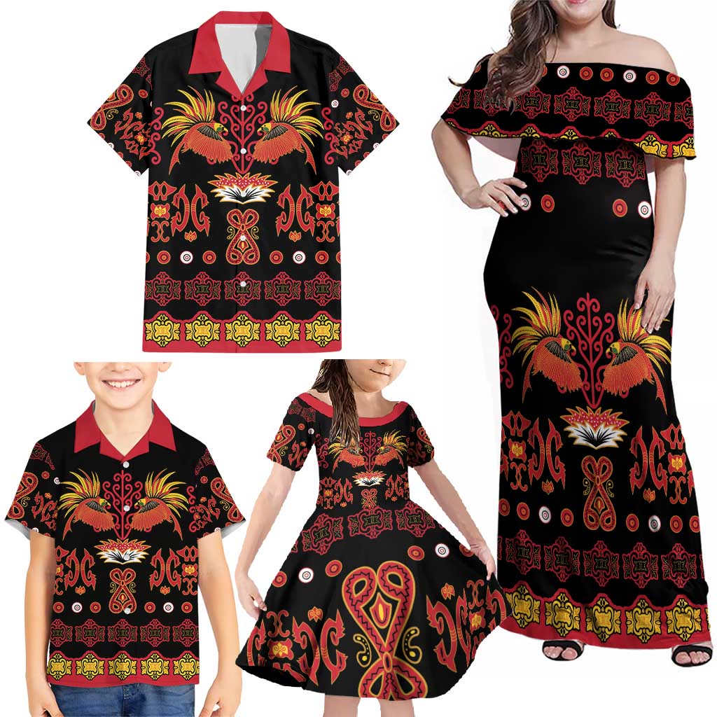 Papua Batik Motif Family Matching Off Shoulder Maxi Dress and Hawaiian Shirt Papua Spirit Black Version - Polynesian Pride