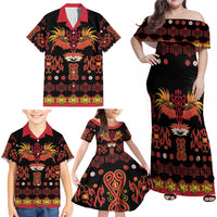 Papua Batik Motif Family Matching Off Shoulder Maxi Dress and Hawaiian Shirt Papua Spirit Black Version - Polynesian Pride