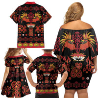 Papua Batik Motif Family Matching Off Shoulder Short Dress and Hawaiian Shirt Papua Spirit Black Version - Polynesian Pride