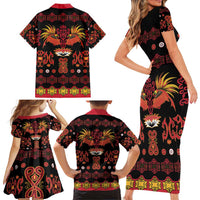 Papua Batik Motif Family Matching Short Sleeve Bodycon Dress and Hawaiian Shirt Papua Spirit Black Version - Polynesian Pride