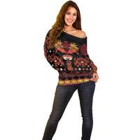 Papua Batik Motif Off Shoulder Sweater Papua Spirit Black Version - Polynesian Pride