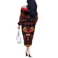 Papua Batik Motif Off The Shoulder Long Sleeve Dress Papua Spirit Black Version - Polynesian Pride