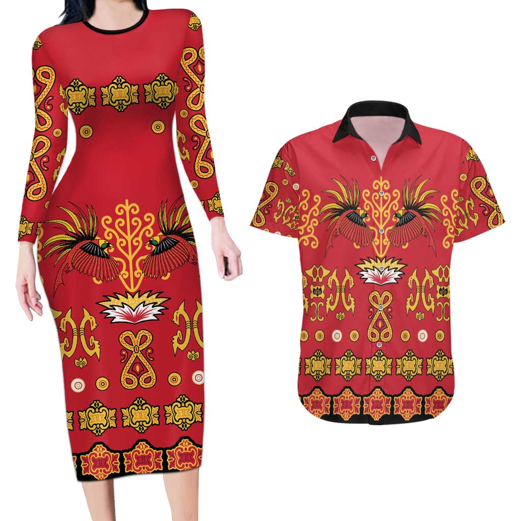 Papua Batik Motif Couples Matching Long Sleeve Bodycon Dress and Hawaiian Shirt Papua Spirit Red Version - Polynesian Pride
