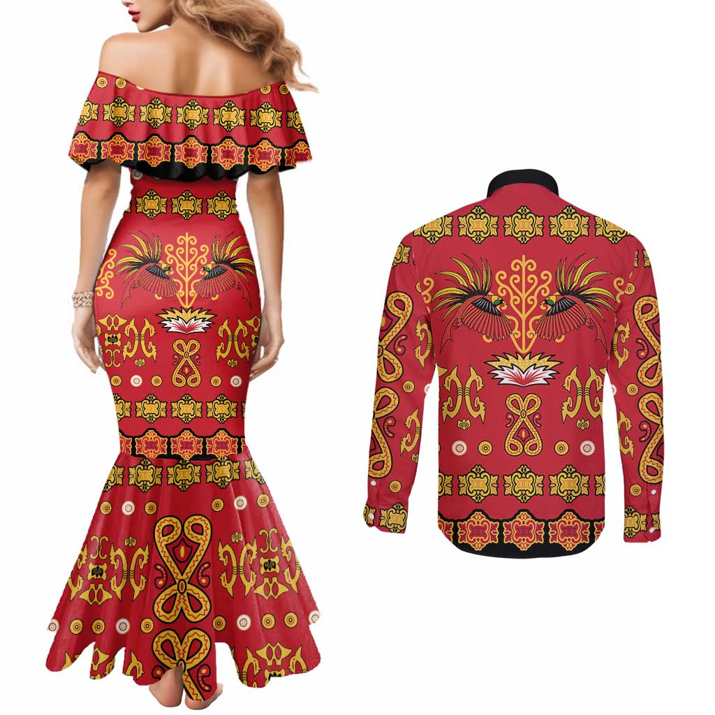 Papua Batik Motif Couples Matching Mermaid Dress and Long Sleeve Button Shirt Papua Spirit Red Version - Polynesian Pride