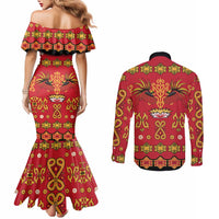 Papua Batik Motif Couples Matching Mermaid Dress and Long Sleeve Button Shirt Papua Spirit Red Version - Polynesian Pride