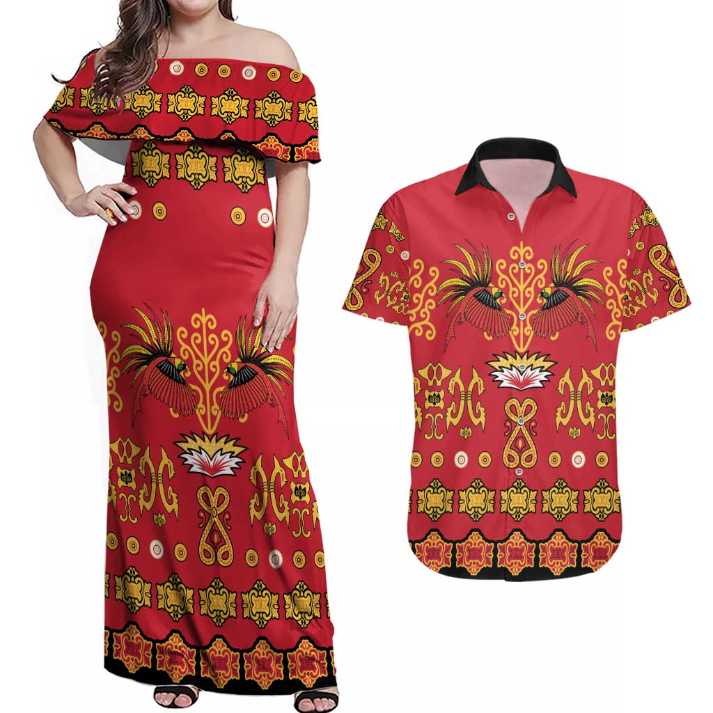 Papua Batik Motif Couples Matching Off Shoulder Maxi Dress and Hawaiian Shirt Papua Spirit Red Version - Polynesian Pride
