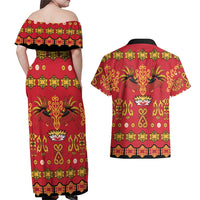 Papua Batik Motif Couples Matching Off Shoulder Maxi Dress and Hawaiian Shirt Papua Spirit Red Version - Polynesian Pride