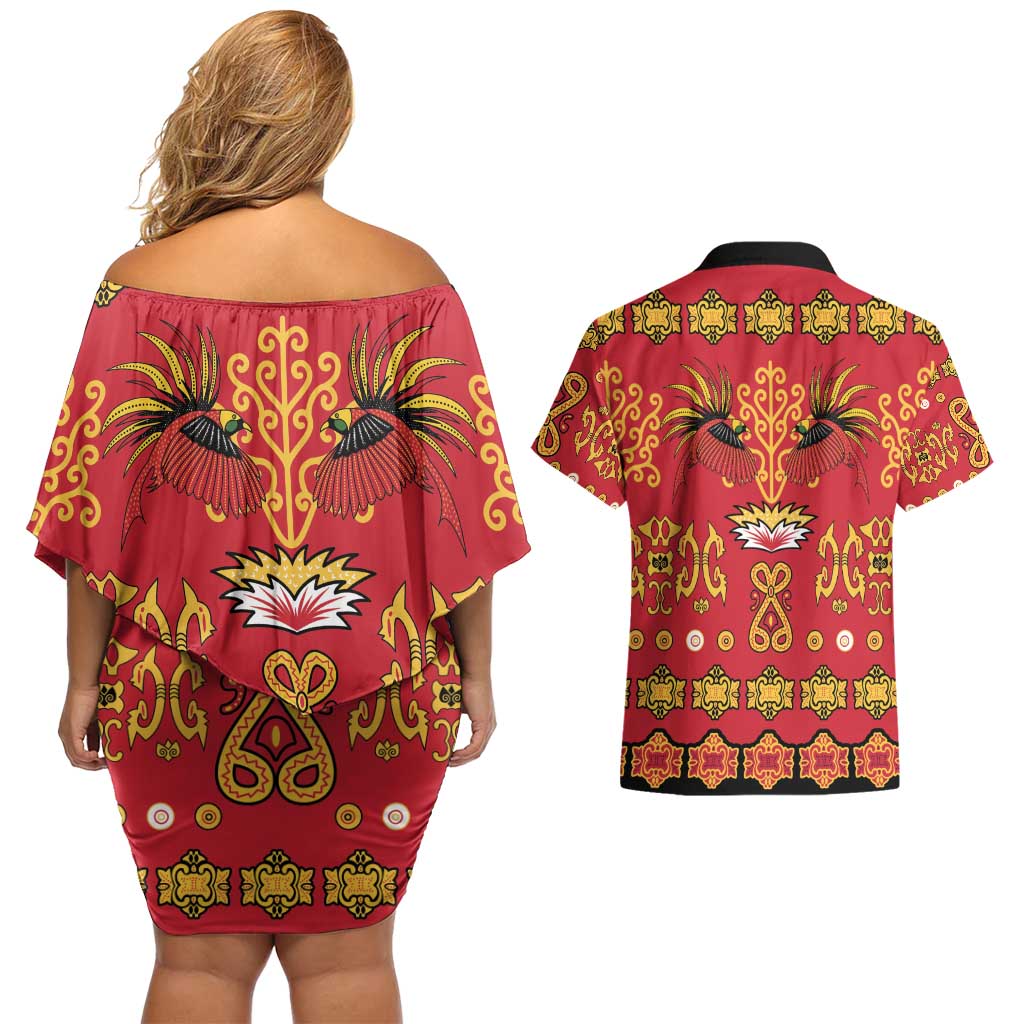 Papua Batik Motif Couples Matching Off Shoulder Short Dress and Hawaiian Shirt Papua Spirit Red Version - Polynesian Pride