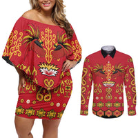 Papua Batik Motif Couples Matching Off Shoulder Short Dress and Long Sleeve Button Shirt Papua Spirit Red Version - Polynesian Pride