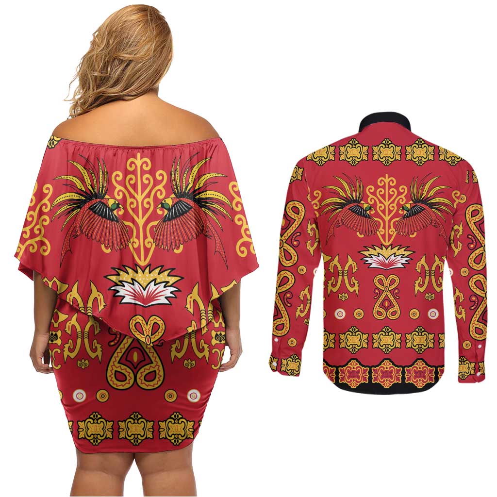 Papua Batik Motif Couples Matching Off Shoulder Short Dress and Long Sleeve Button Shirt Papua Spirit Red Version - Polynesian Pride