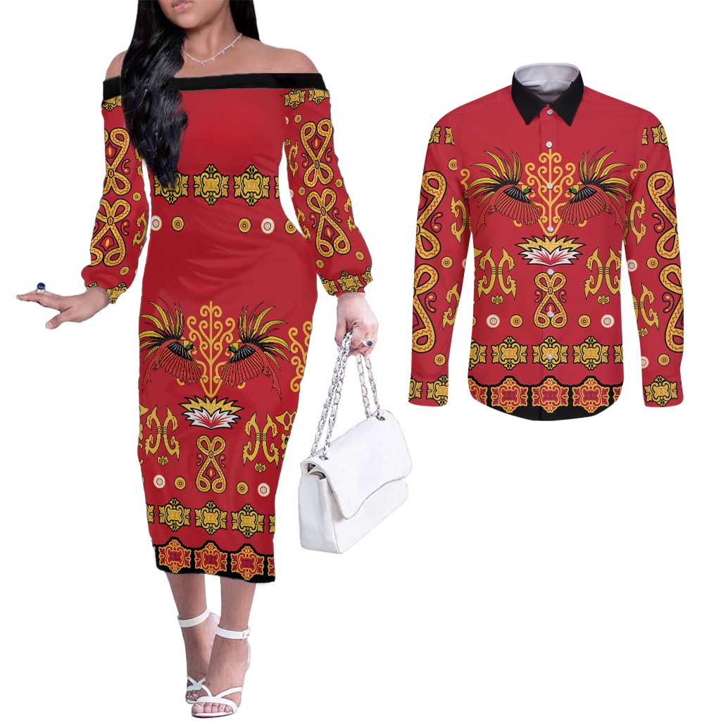 Papua Batik Motif Couples Matching Off The Shoulder Long Sleeve Dress and Long Sleeve Button Shirt Papua Spirit Red Version LT05 Red - Polynesian Pride
