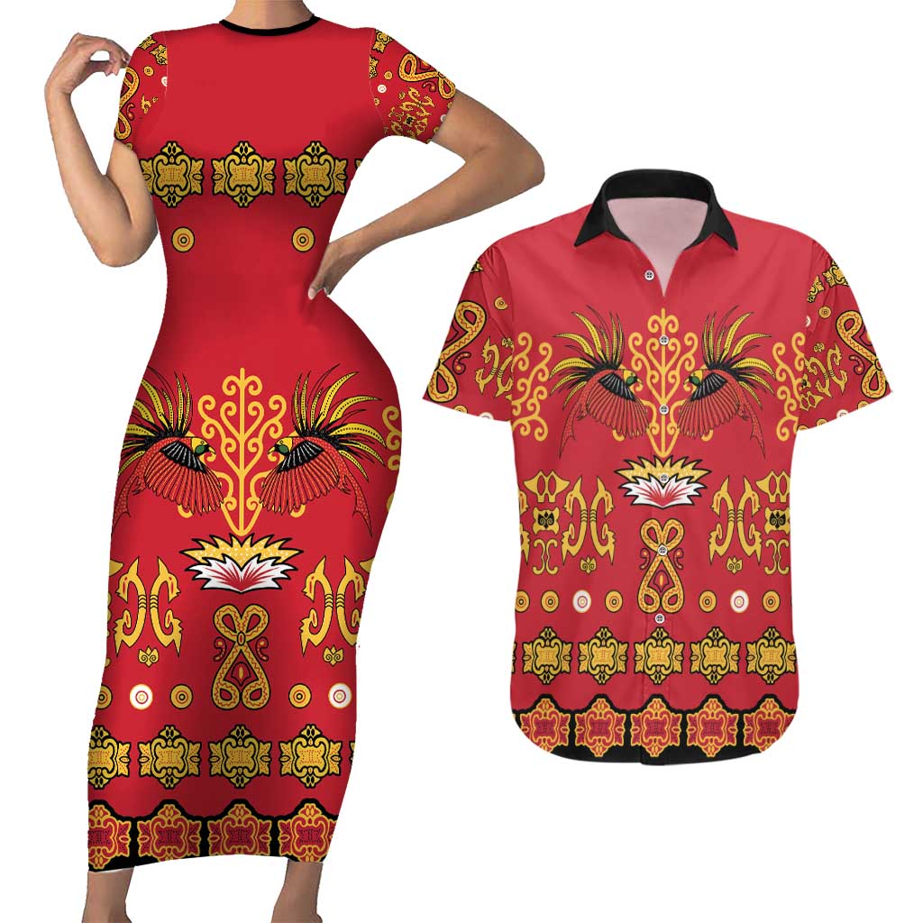 Papua Batik Motif Couples Matching Short Sleeve Bodycon Dress and Hawaiian Shirt Papua Spirit Red Version - Polynesian Pride