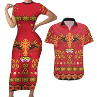 Papua Batik Motif Couples Matching Short Sleeve Bodycon Dress and Hawaiian Shirt Papua Spirit Red Version - Polynesian Pride