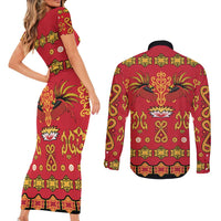 Papua Batik Motif Couples Matching Short Sleeve Bodycon Dress and Long Sleeve Button Shirt Papua Spirit Red Version - Polynesian Pride