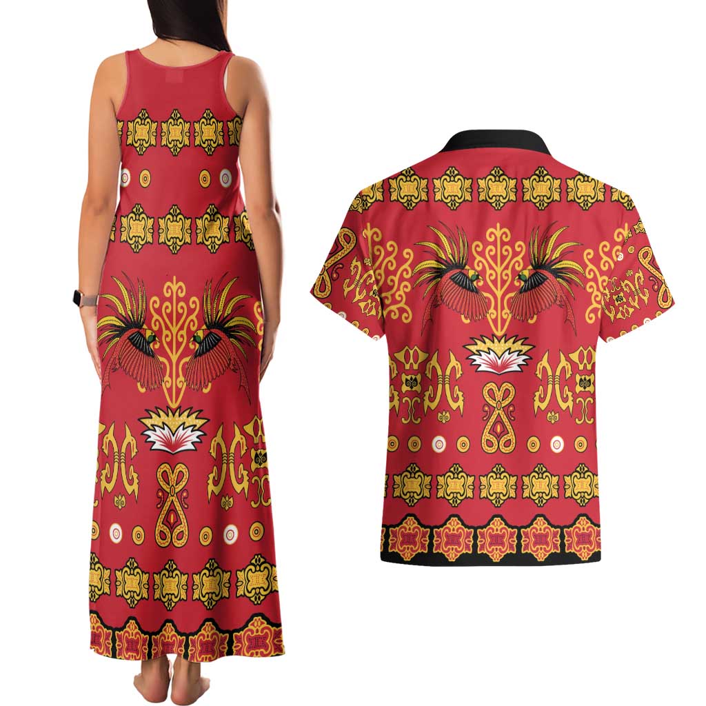 Papua Batik Motif Couples Matching Tank Maxi Dress and Hawaiian Shirt Papua Spirit Red Version - Polynesian Pride