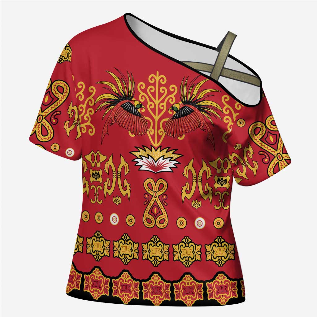 Papua Batik Motif Cross Shoulder Shirt Papua Spirit Red Version LT05 Female Red - Polynesian Pride