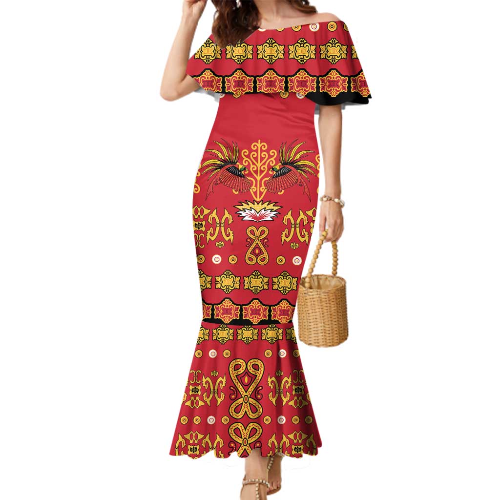 Papua Batik Motif Family Matching Mermaid Dress and Hawaiian Shirt Papua Spirit Red Version - Polynesian Pride