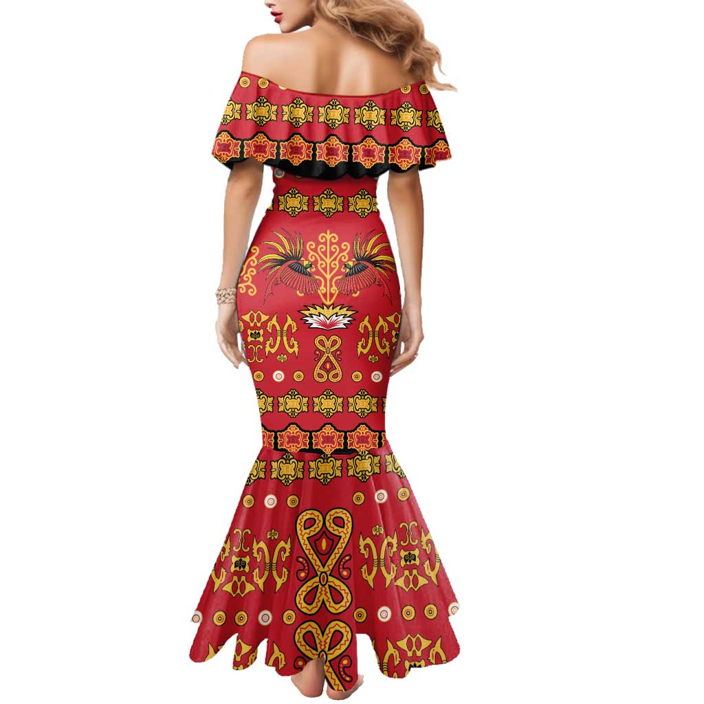 Papua Batik Motif Family Matching Mermaid Dress and Hawaiian Shirt Papua Spirit Red Version - Polynesian Pride