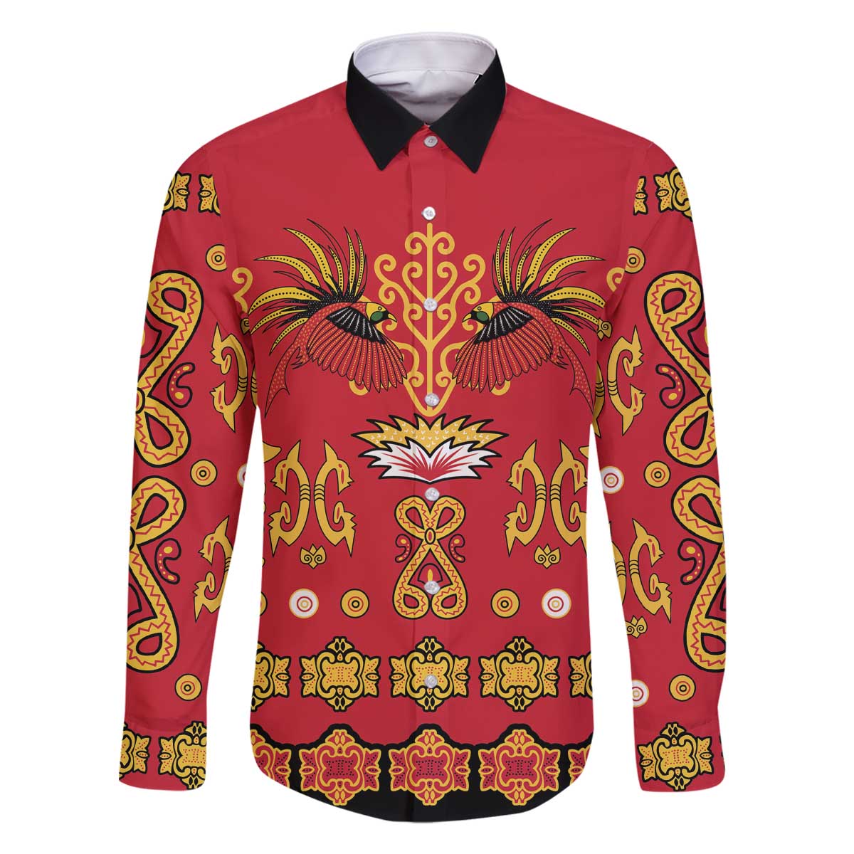 Papua Batik Motif Family Matching Off The Shoulder Long Sleeve Dress and Hawaiian Shirt Papua Spirit Red Version - Polynesian Pride