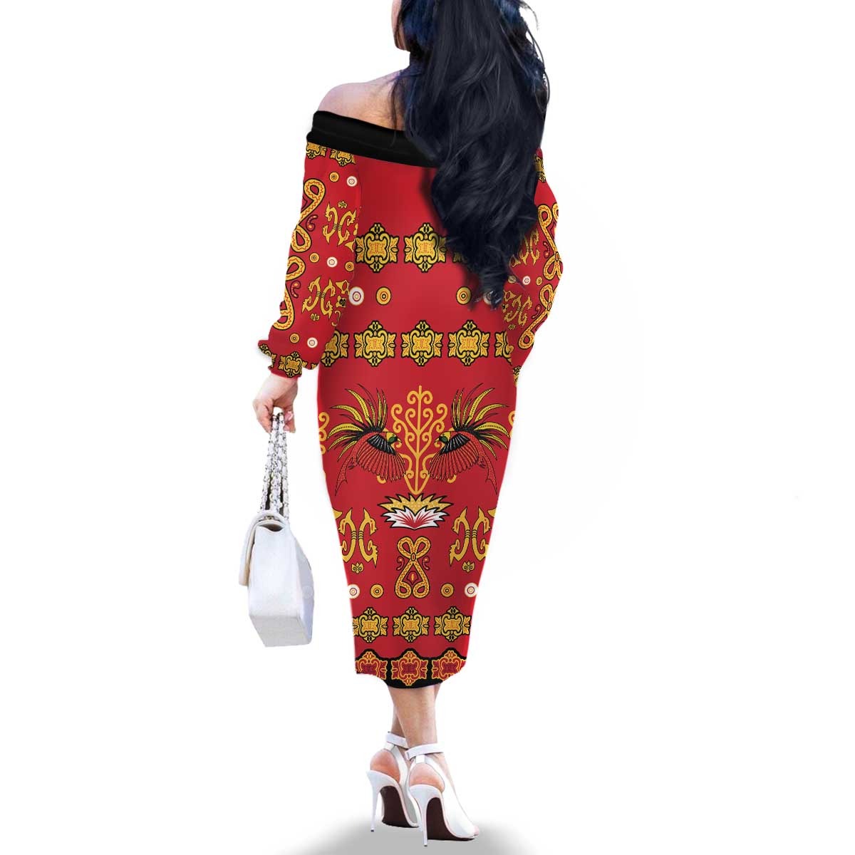 Papua Batik Motif Family Matching Off The Shoulder Long Sleeve Dress and Hawaiian Shirt Papua Spirit Red Version - Polynesian Pride