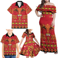 Papua Batik Motif Family Matching Off Shoulder Maxi Dress and Hawaiian Shirt Papua Spirit Red Version - Polynesian Pride