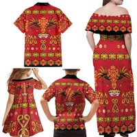 Papua Batik Motif Family Matching Off Shoulder Maxi Dress and Hawaiian Shirt Papua Spirit Red Version - Polynesian Pride