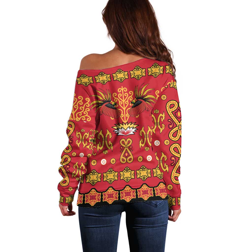 Papua Batik Motif Off Shoulder Sweater Papua Spirit Red Version - Polynesian Pride
