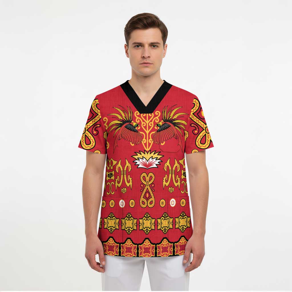 Papua Batik Motif Scrub Top Papua Spirit Red Version - Polynesian Pride