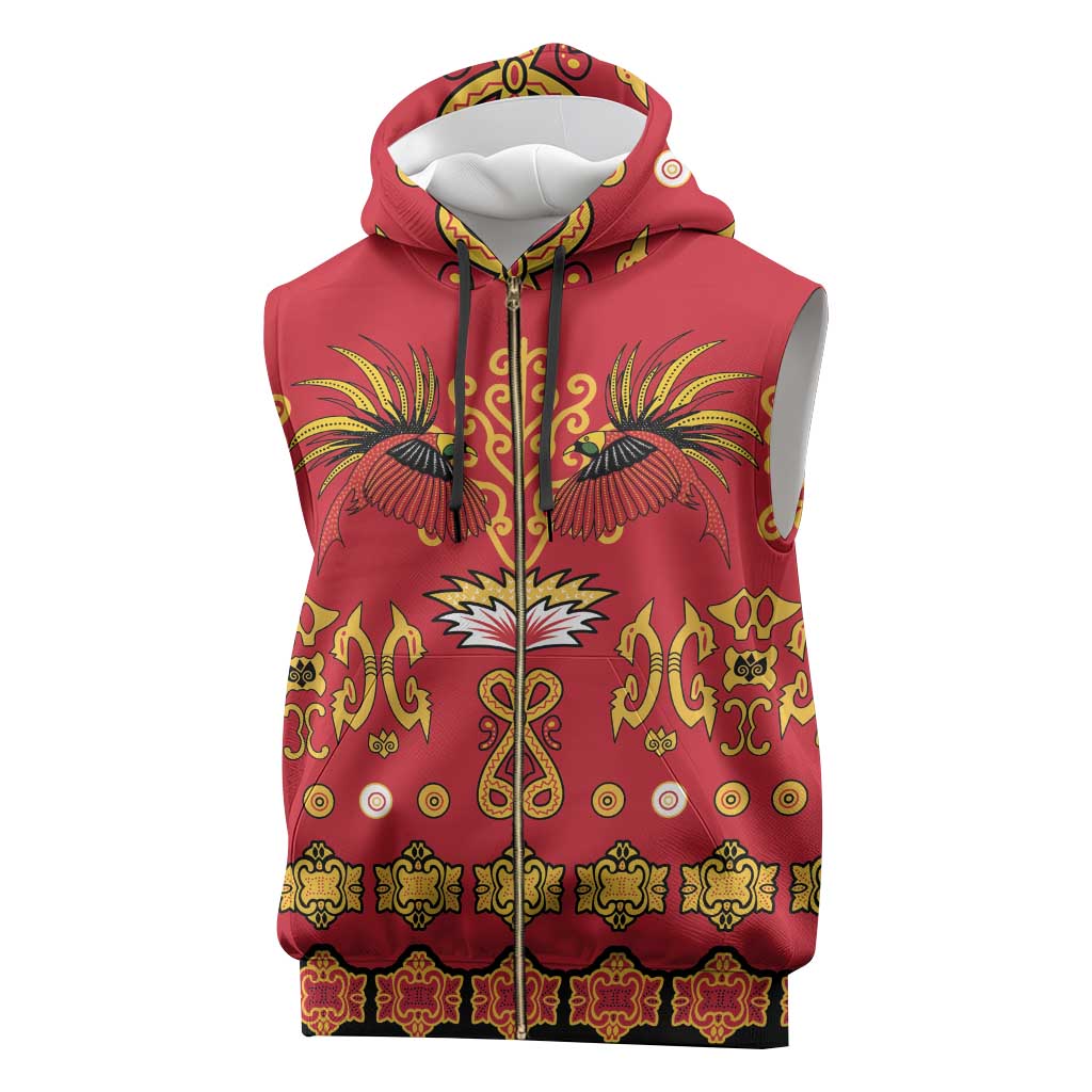 Papua Batik Motif Sleeveless Zip Hoodie Papua Spirit Red Version - Polynesian Pride