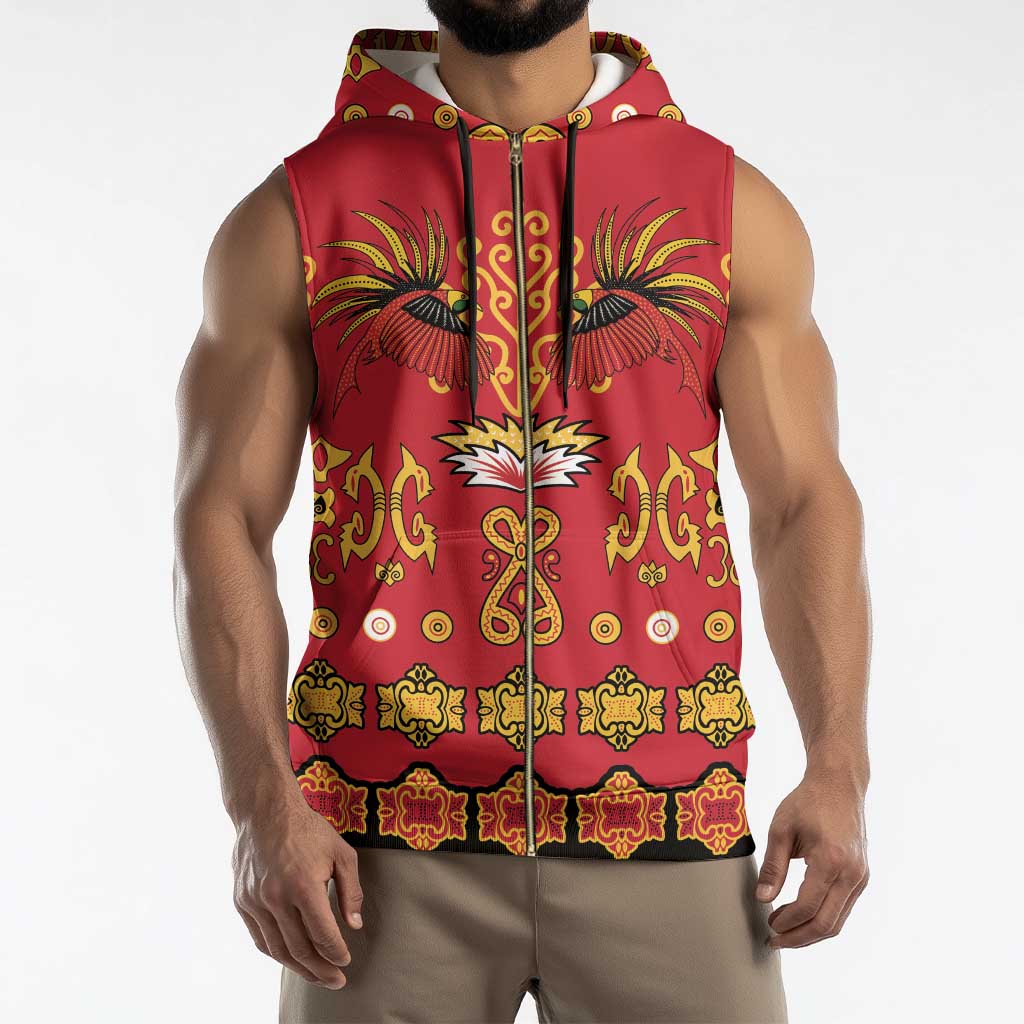 Papua Batik Motif Sleeveless Zip Hoodie Papua Spirit Red Version - Polynesian Pride