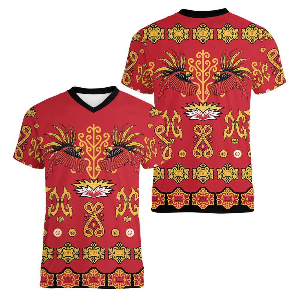 Papua Batik Motif Women V-Neck T-Shirt Papua Spirit Red Version - Polynesian Pride