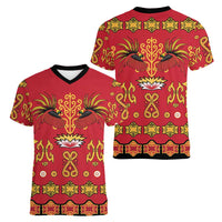 Papua Batik Motif Women V-Neck T-Shirt Papua Spirit Red Version - Polynesian Pride