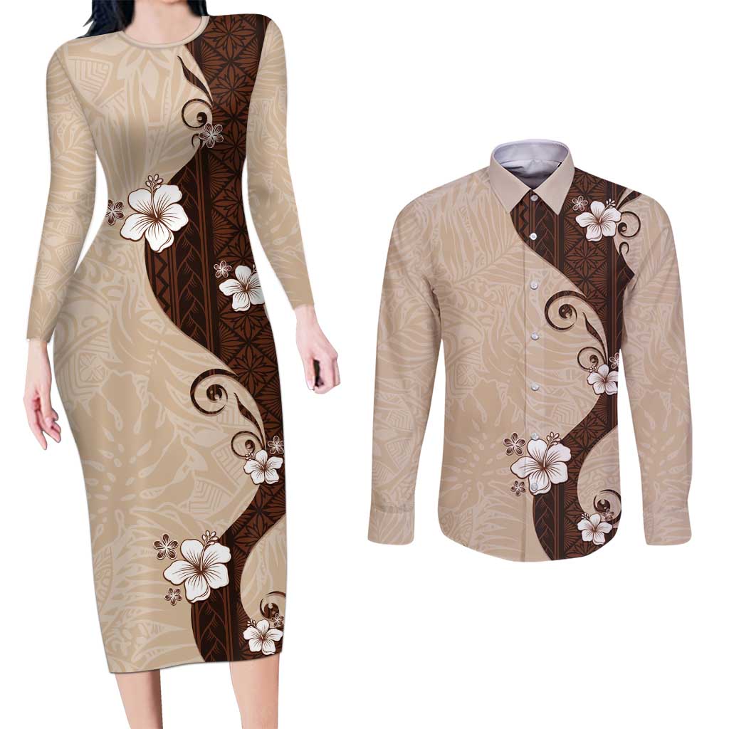 Polynesia Hibiscus Couples Matching Long Sleeve Bodycon Dress and Long Sleeve Button Shirt Cameo Curve Motif - Polynesian Pride