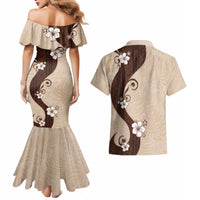 Polynesia Hibiscus Couples Matching Mermaid Dress and Hawaiian Shirt Cameo Curve Motif - Polynesian Pride