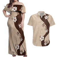 Polynesia Hibiscus Couples Matching Off Shoulder Maxi Dress and Hawaiian Shirt Cameo Curve Motif - Polynesian Pride