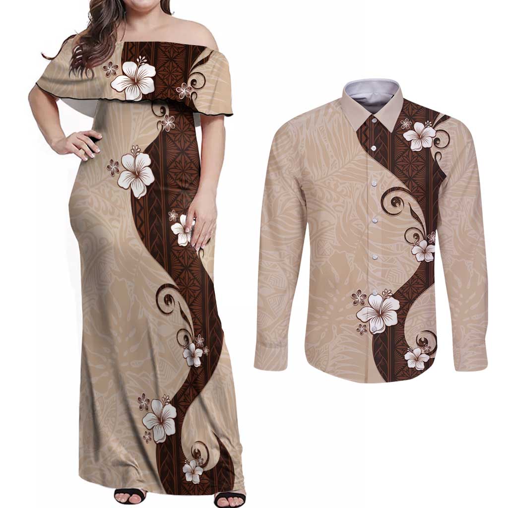 Polynesia Hibiscus Couples Matching Off Shoulder Maxi Dress and Long Sleeve Button Shirt Cameo Curve Motif - Polynesian Pride