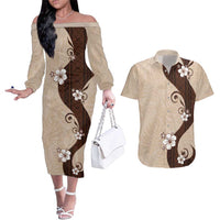 Polynesia Hibiscus Couples Matching Off The Shoulder Long Sleeve Dress and Hawaiian Shirt Cameo Curve Motif - Polynesian Pride