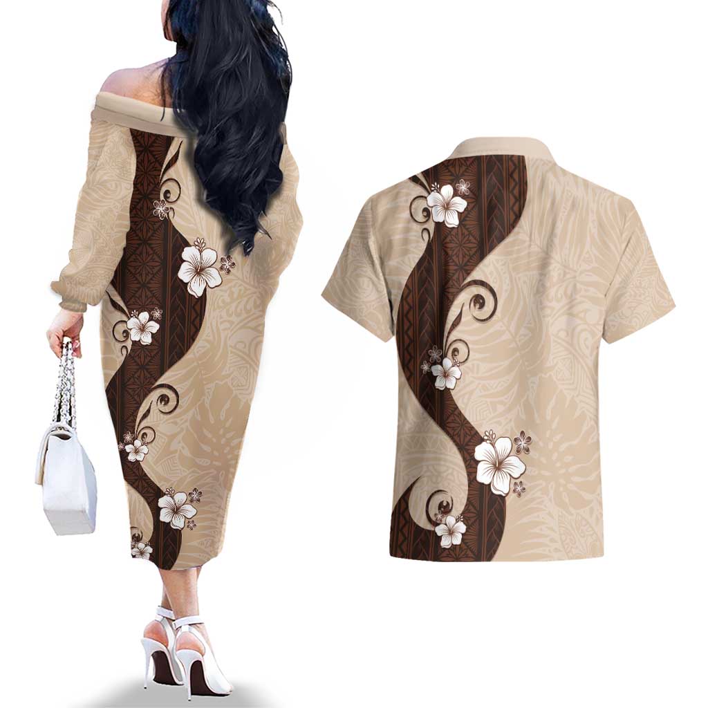 Polynesia Hibiscus Couples Matching Off The Shoulder Long Sleeve Dress and Hawaiian Shirt Cameo Curve Motif - Polynesian Pride