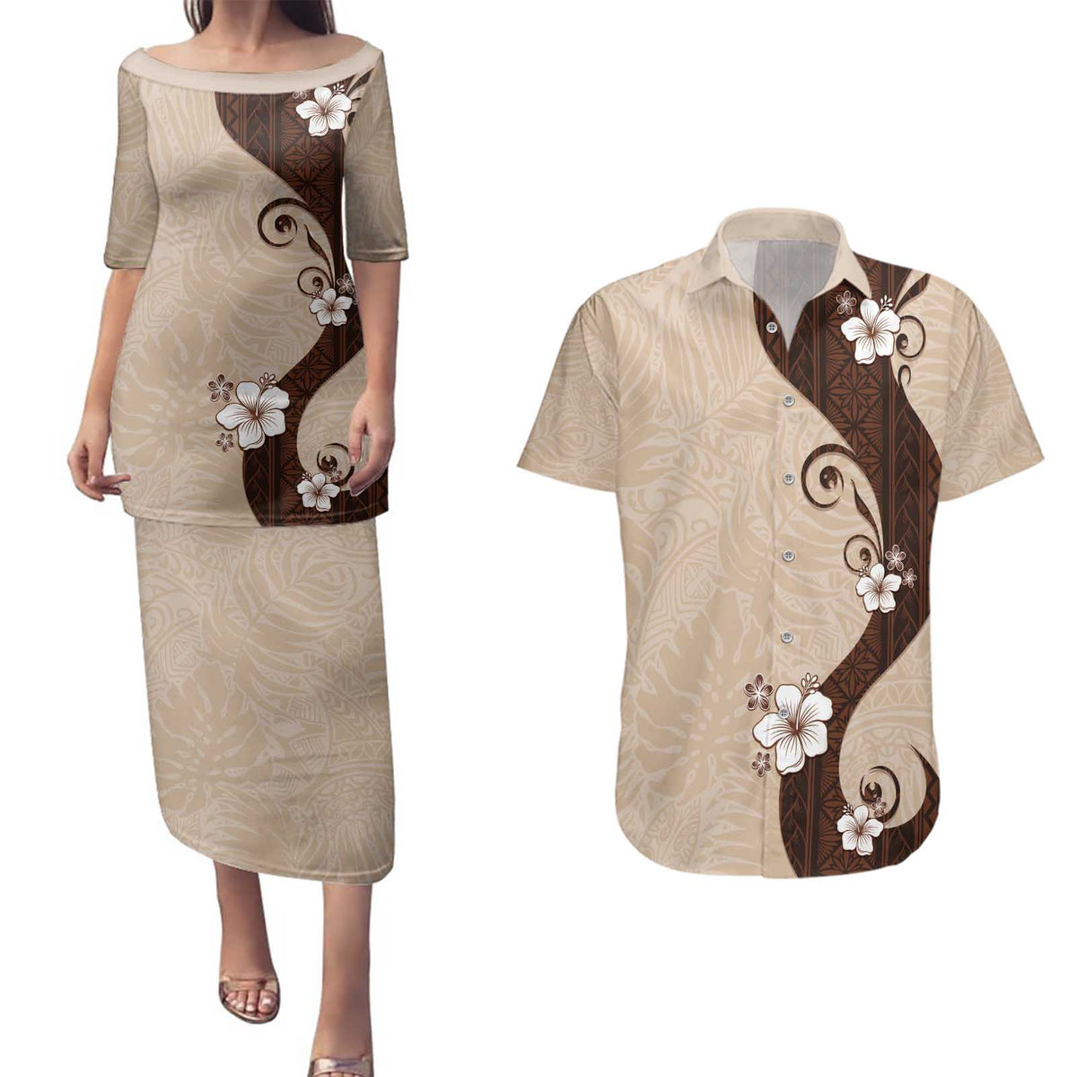 Polynesia Hibiscus Couples Matching Puletasi and Hawaiian Shirt Cameo Curve Motif - Polynesian Pride