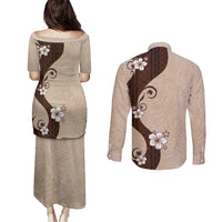 Polynesia Hibiscus Couples Matching Puletasi and Long Sleeve Button Shirt Cameo Curve Motif - Polynesian Pride