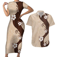 Polynesia Hibiscus Couples Matching Short Sleeve Bodycon Dress and Hawaiian Shirt Cameo Curve Motif - Polynesian Pride