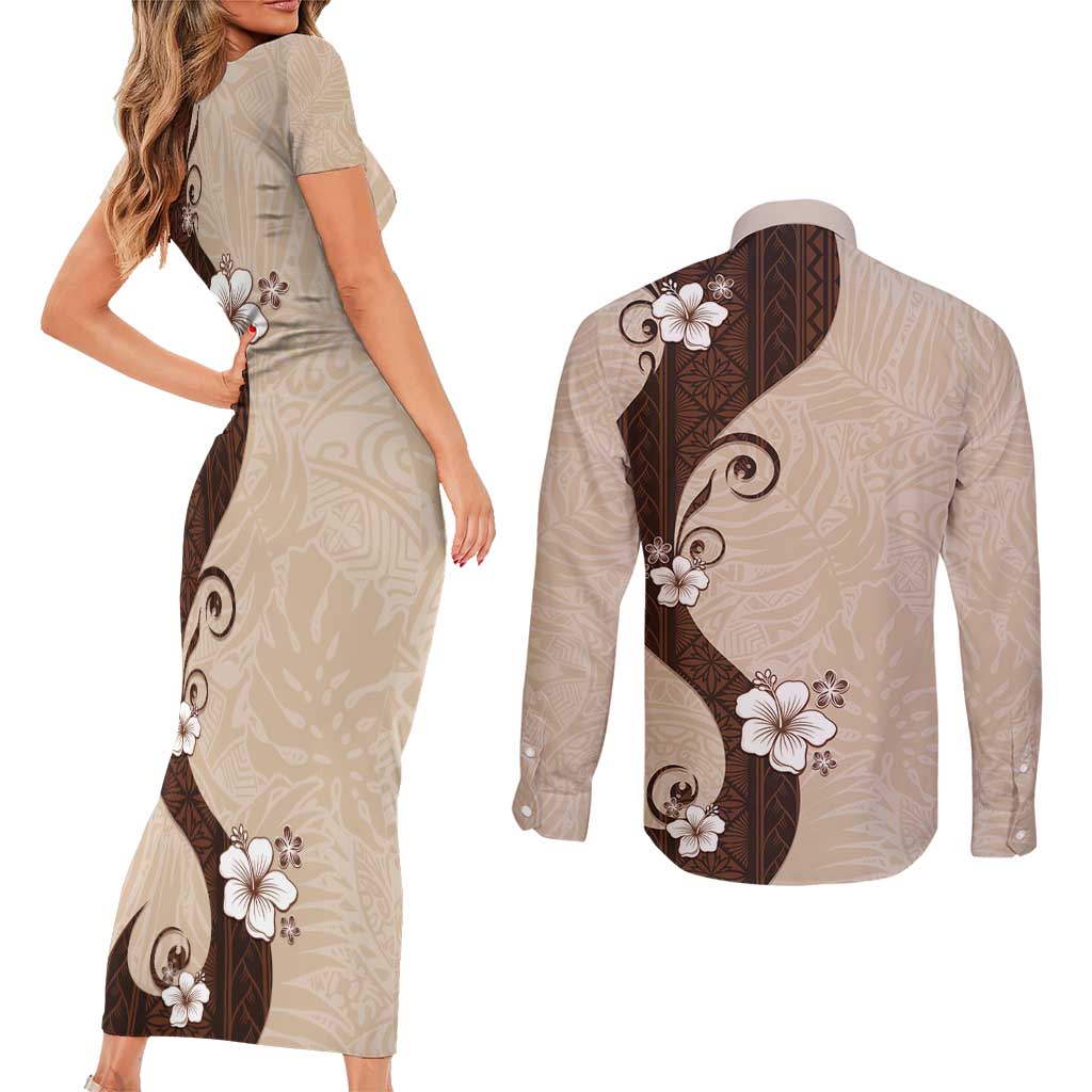 Polynesia Hibiscus Couples Matching Short Sleeve Bodycon Dress and Long Sleeve Button Shirt Cameo Curve Motif LT05 - Polynesian Pride
