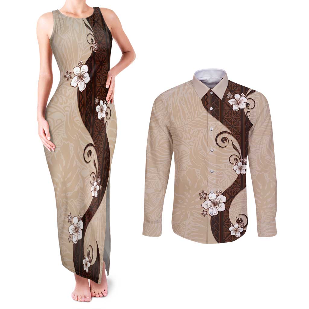 Polynesia Hibiscus Couples Matching Tank Maxi Dress and Long Sleeve Button Shirt Cameo Curve Motif - Polynesian Pride