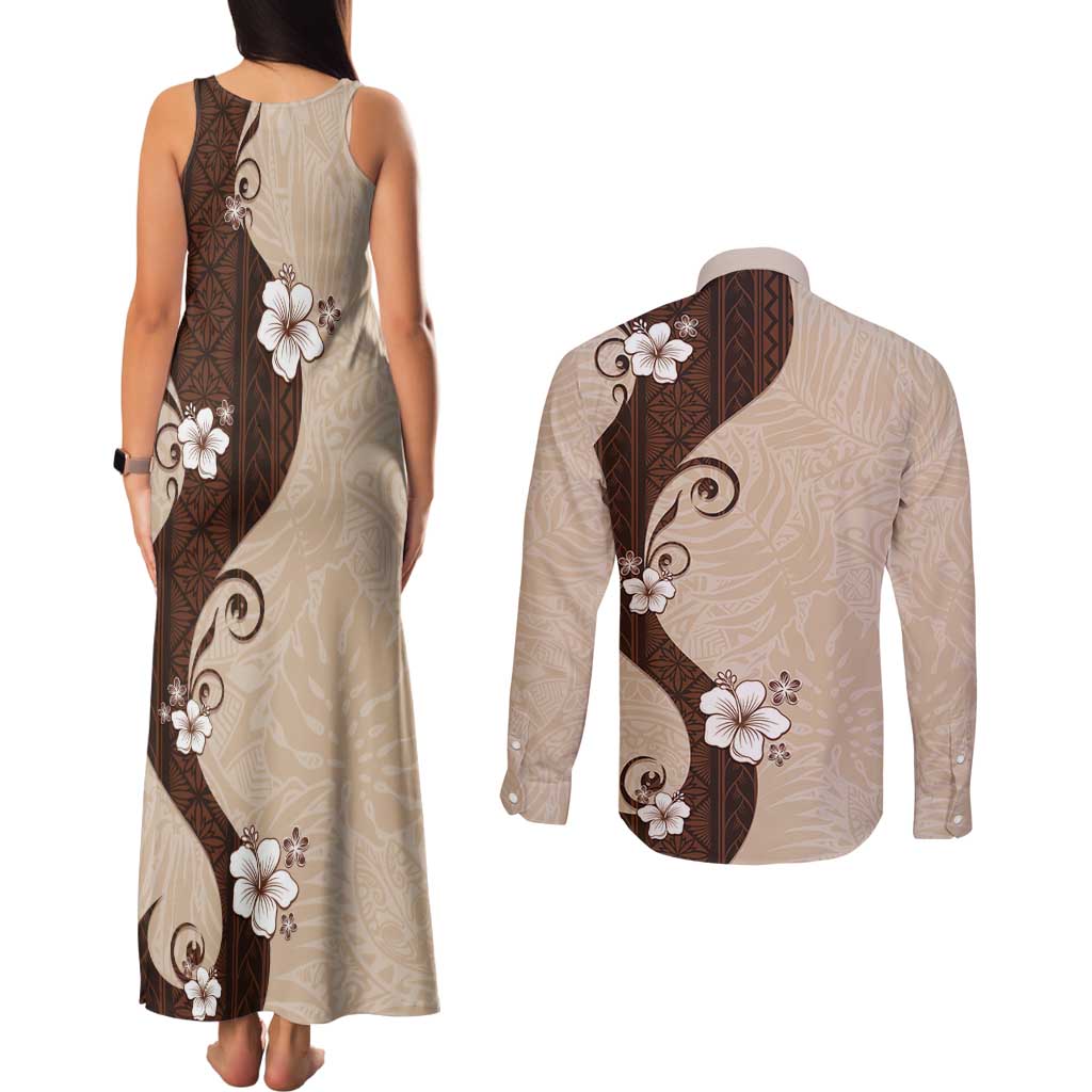 Polynesia Hibiscus Couples Matching Tank Maxi Dress and Long Sleeve Button Shirt Cameo Curve Motif - Polynesian Pride