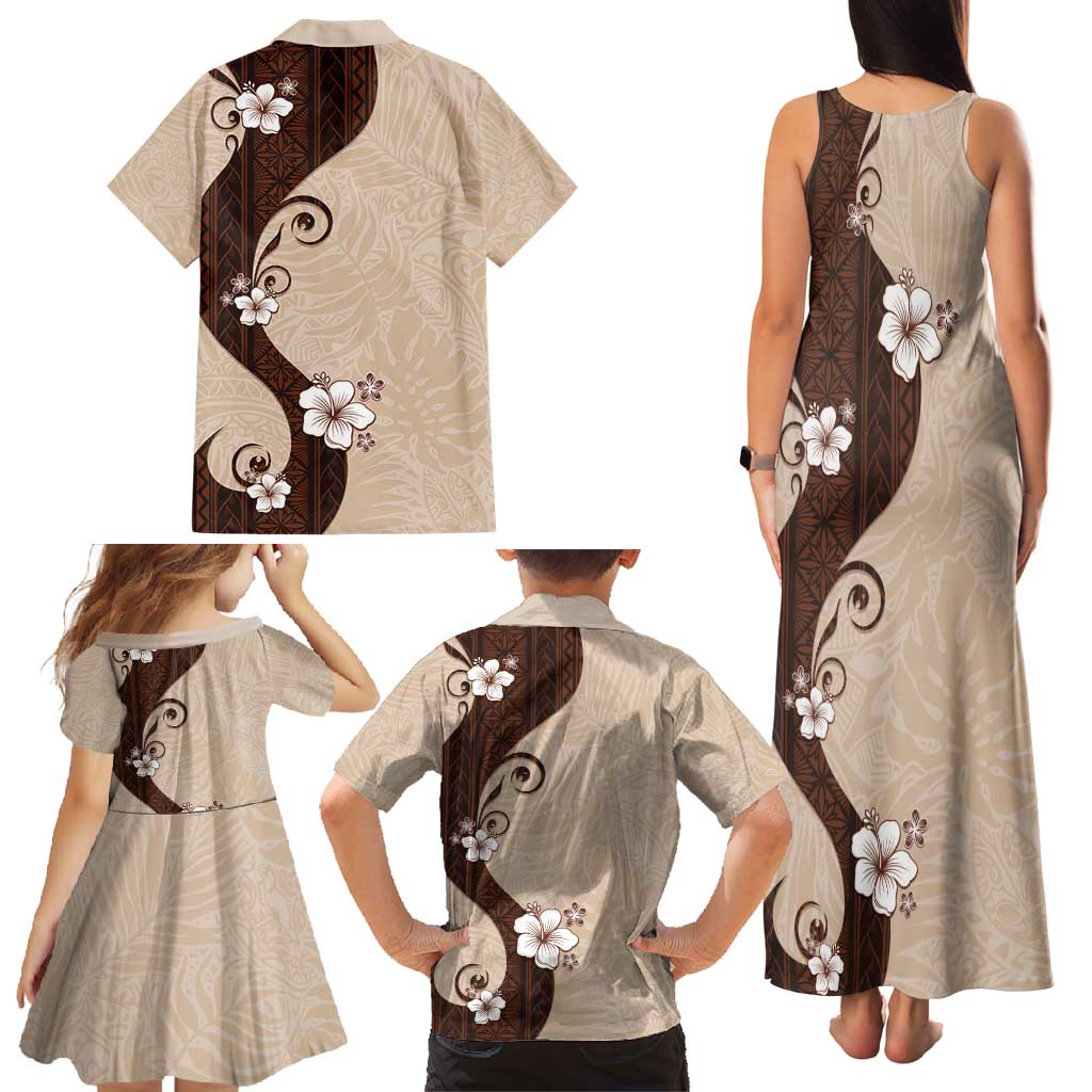 Polynesia Hibiscus Family Matching Tank Maxi Dress and Hawaiian Shirt Cameo Curve Motif - Polynesian Pride