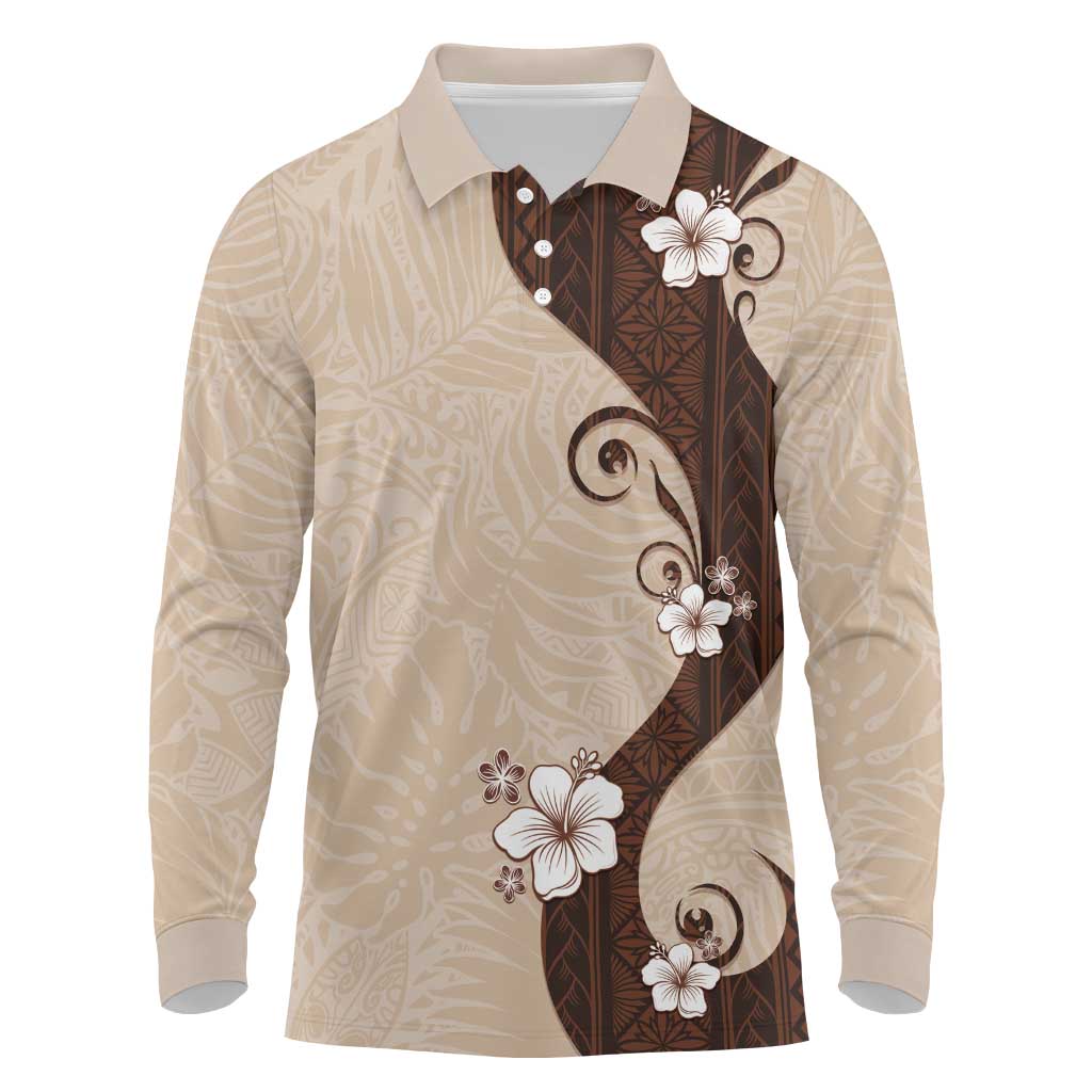 Polynesia Hibiscus Long Sleeve Polo Shirt Cameo Curve Motif - Polynesian Pride