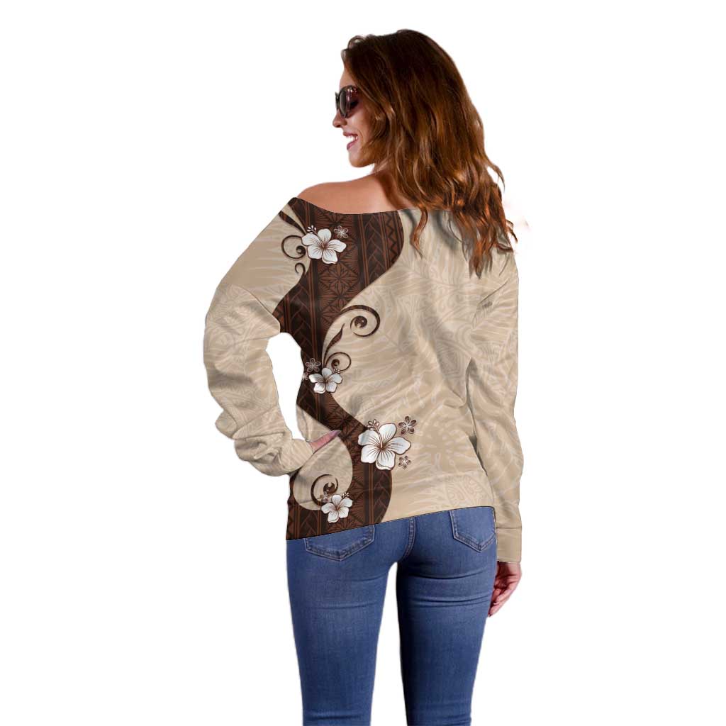 Polynesia Hibiscus Off Shoulder Sweater Cameo Curve Motif - Polynesian Pride